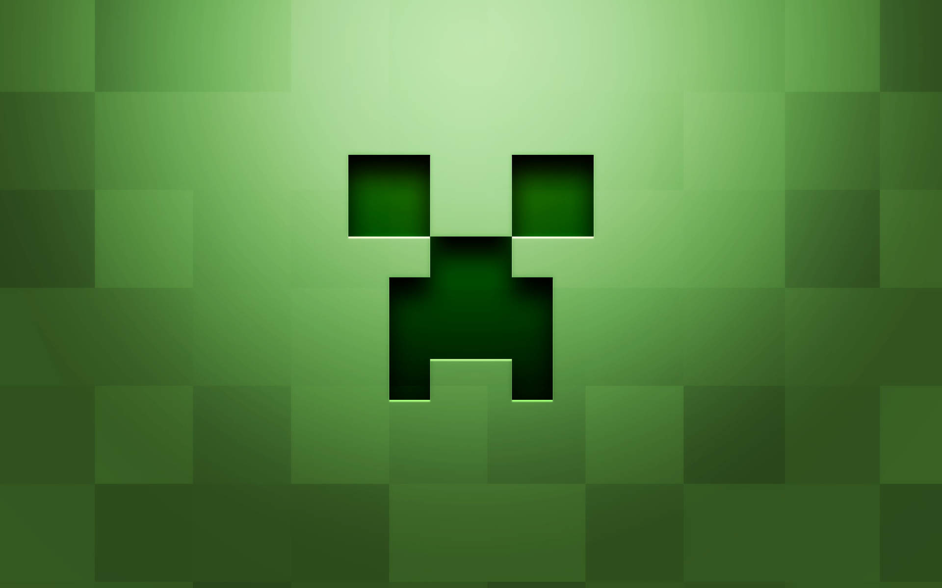 Minecraft 的綠色像素化爬行者面孔，漸變背景。