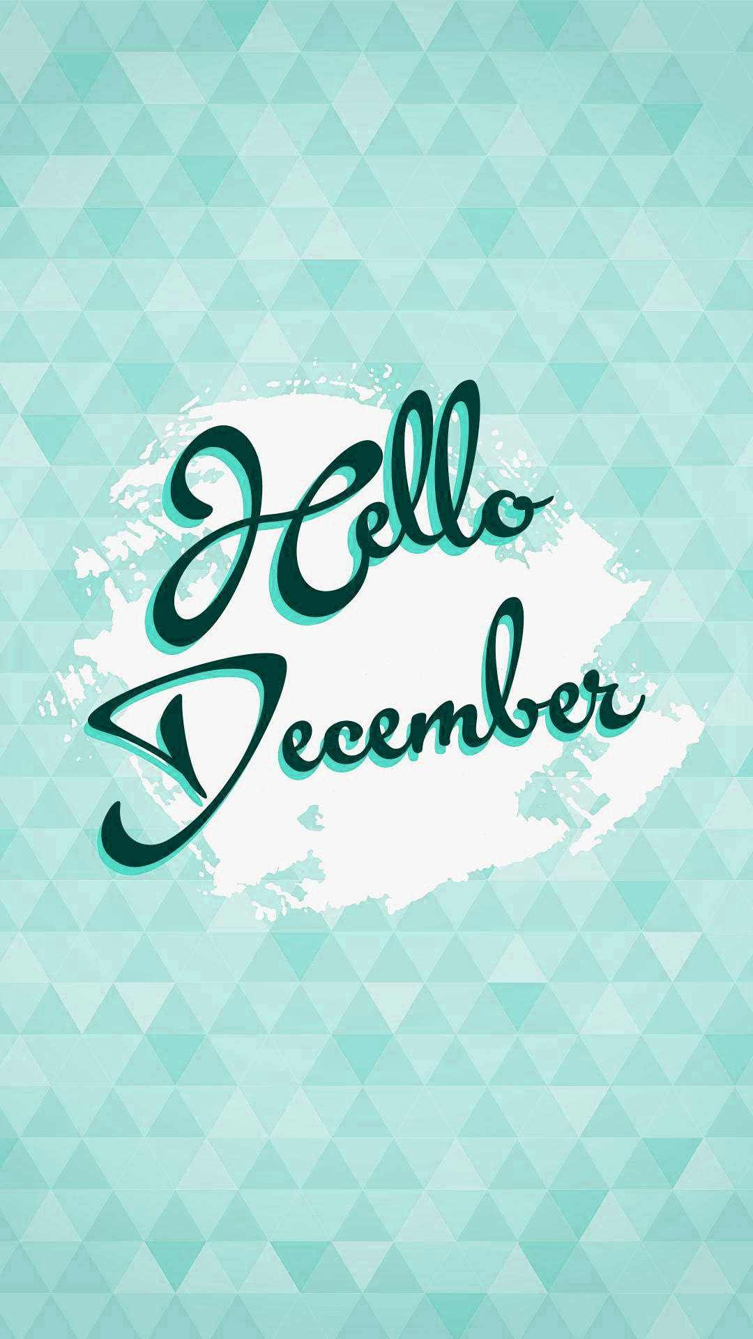 青綠色三角形圖案背景上的青綠色草書Hello December文字。
