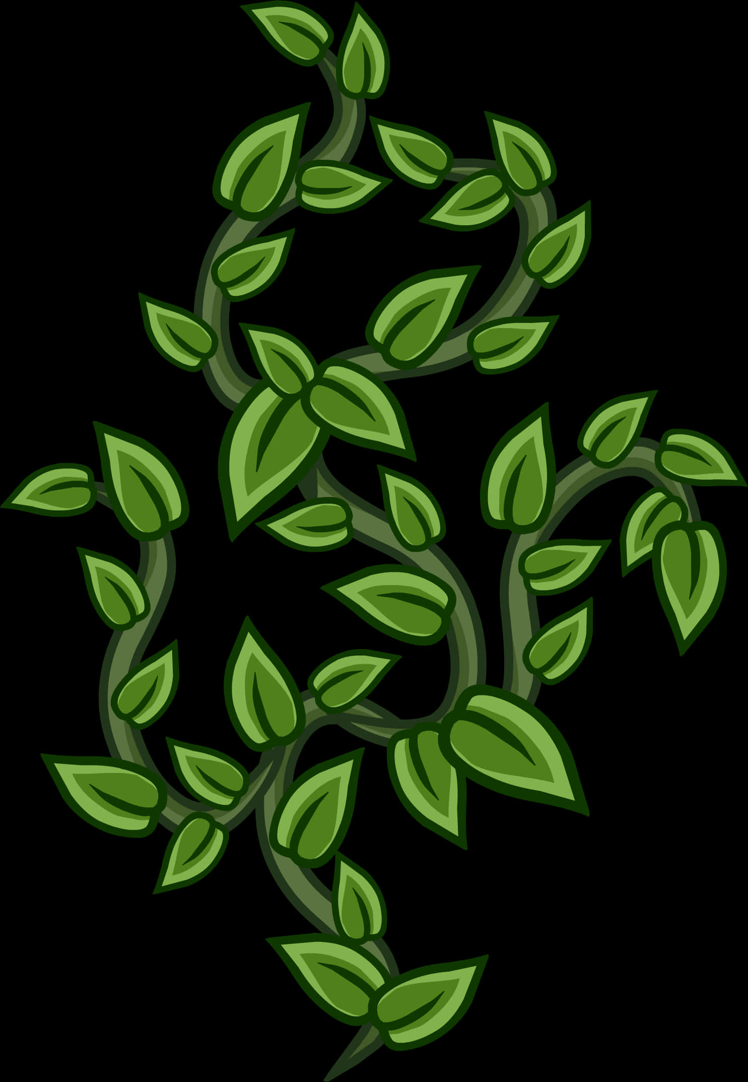 綠色藤蔓插畫 壁紙 — 充滿活力的綠色藤蔓帶有光澤的葉子，在純黑色背景上扭曲和捲曲，形成風格化的數位插圖。