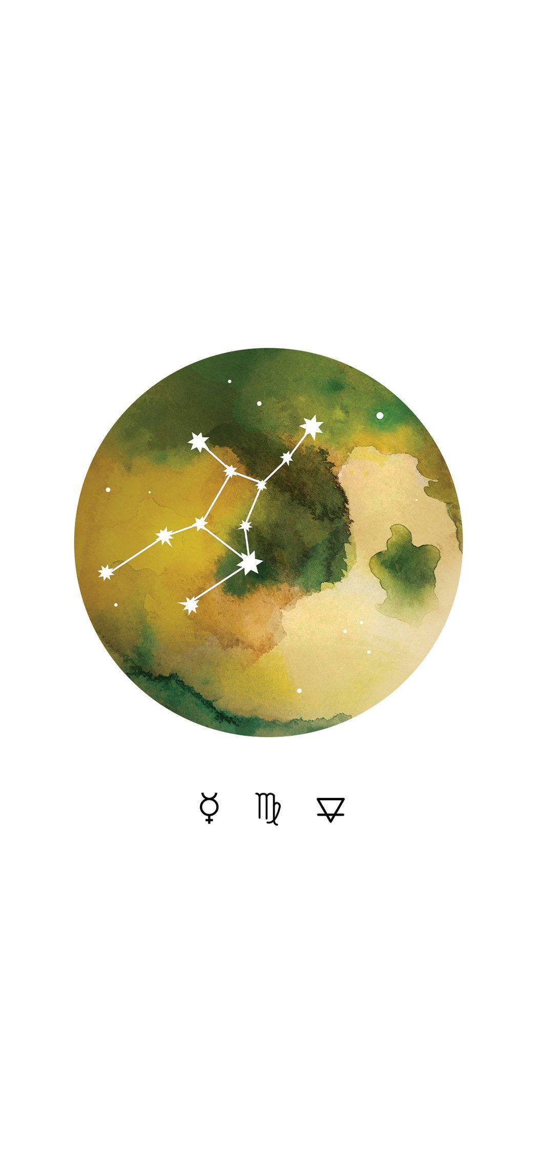 綠色處女座星座圖 壁紙 — 一個水彩圓圈，帶有星座和占星符號，背景為柔和的綠色和黃色漸變。