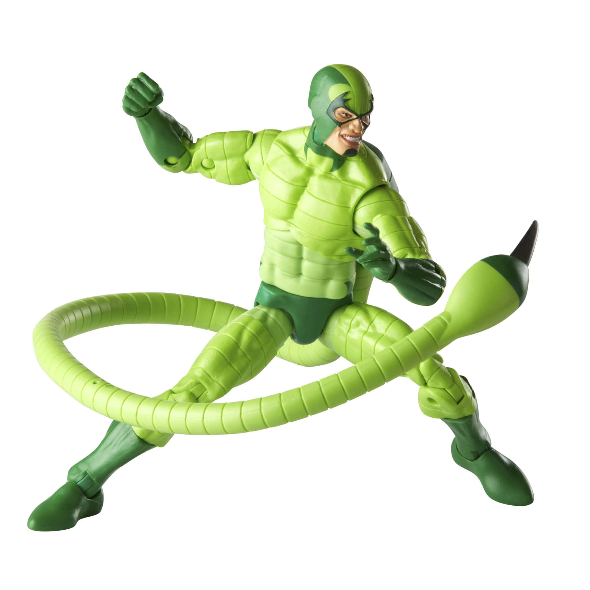 The Scorpion 桌布 壁紙 — 綠色蜘蛛俠動作人偶以動態姿勢伸展蛛網發射器，背景為白色。