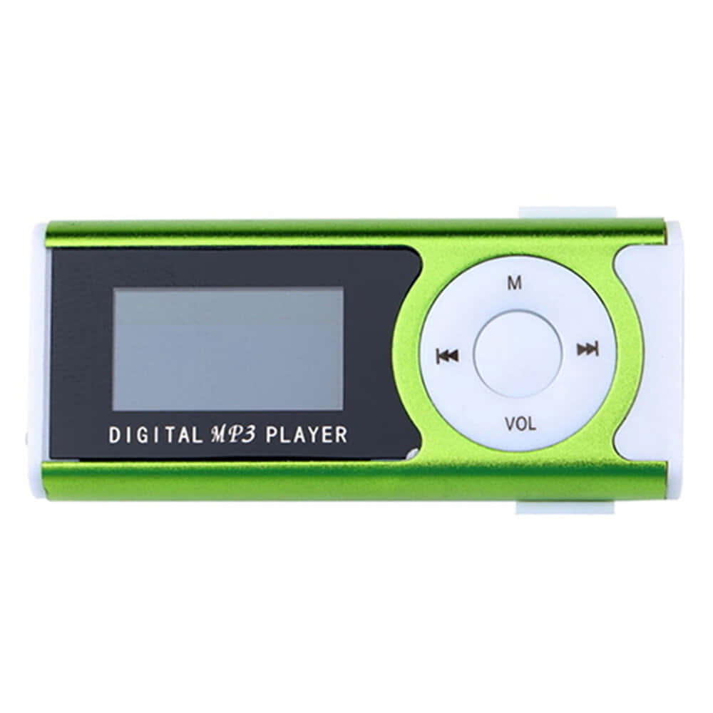 綠色螢幕為白的MP3播放器 壁紙 — 一個青檸綠色的數碼MP3播放器，帶有圓形控制面板和小屏幕，背景為白色。