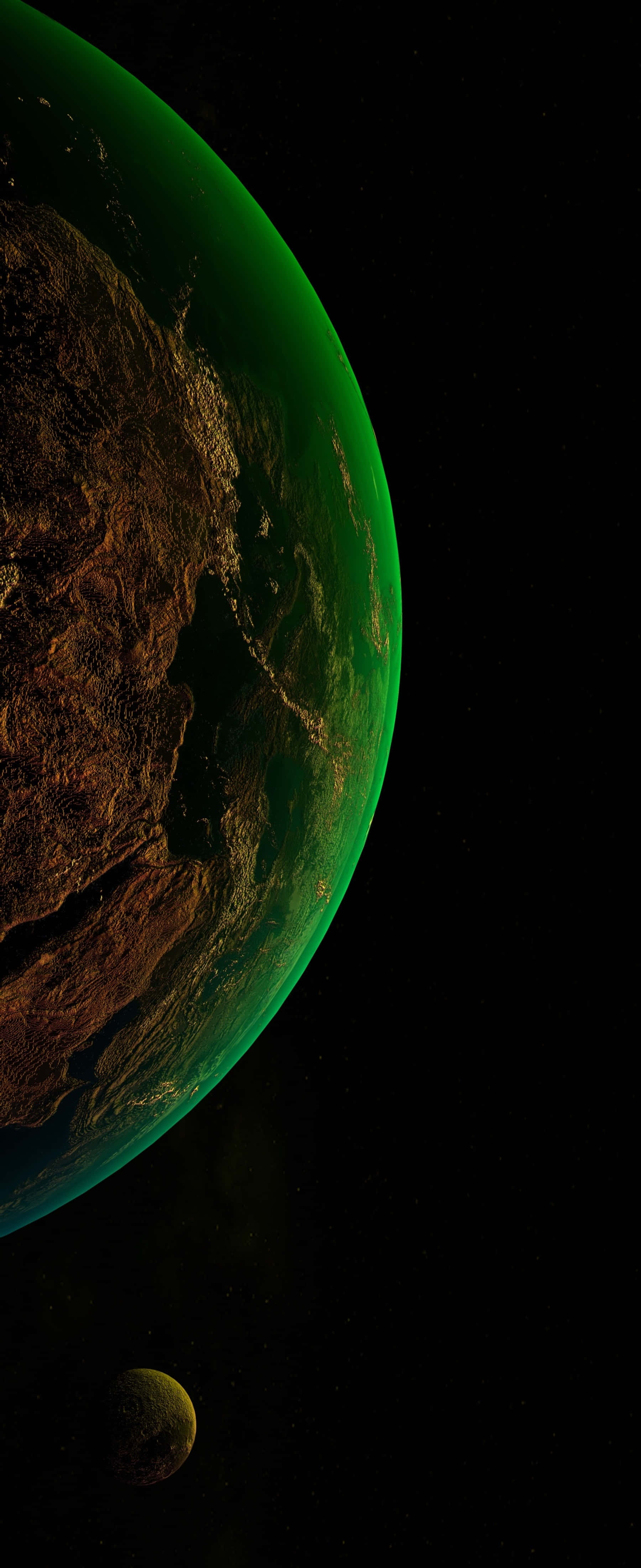 綠色調地球肖像背景 壁紙 — 一顆發光的綠色行星，帶有崎嶇的棕色地形，繞著一個沒有恆星的虛空運行，附近有一顆小衛星。