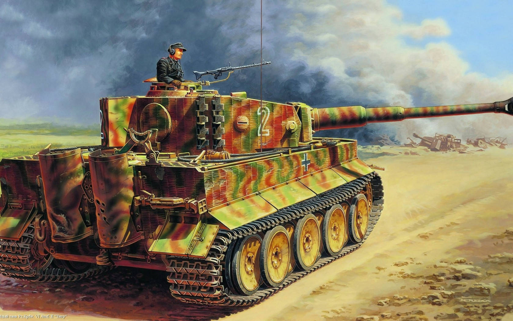 綠色迷彩軍用坦克 壁紙 — 一輛偽裝的德國虎式坦克及車組人員在陰天下的塵土飛揚戰場上待命。