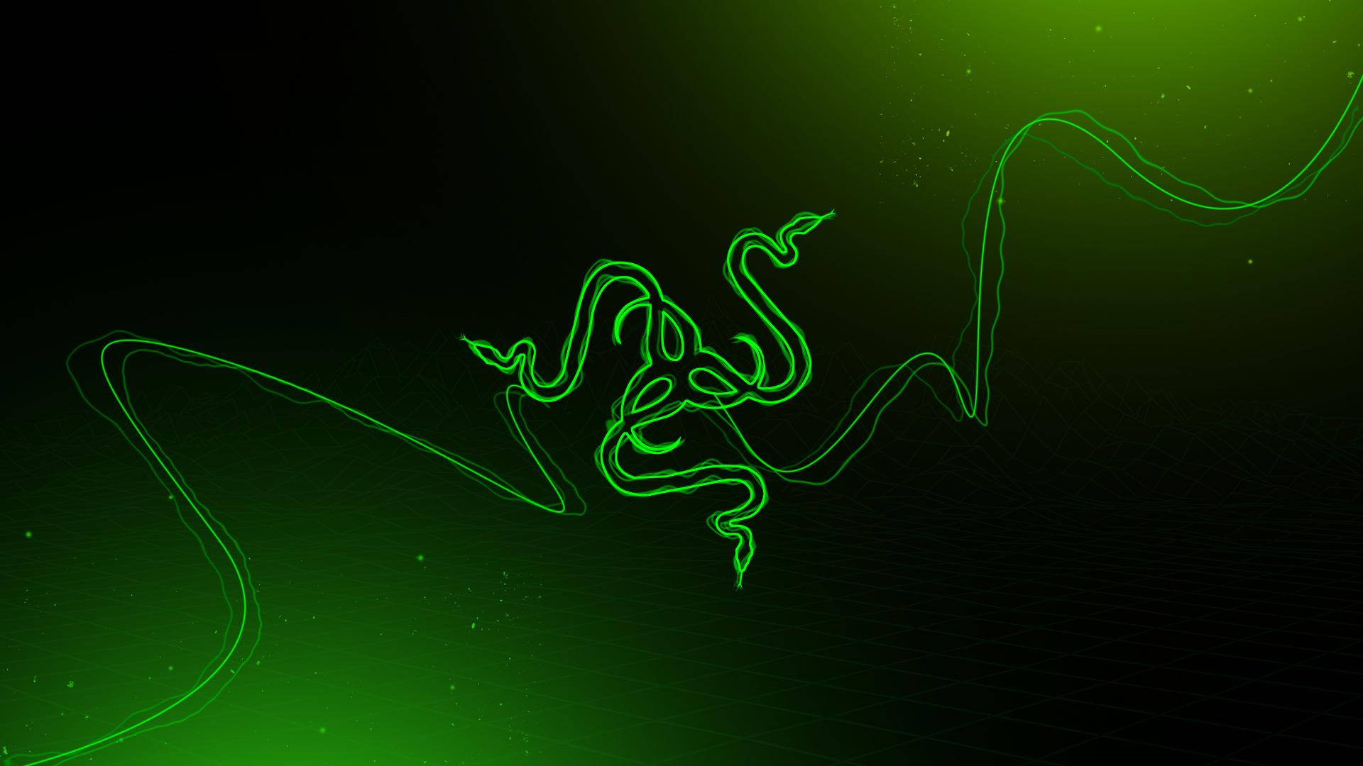 發光的綠色 Razer 標誌，背景為深色漸變並帶有粒子效果。