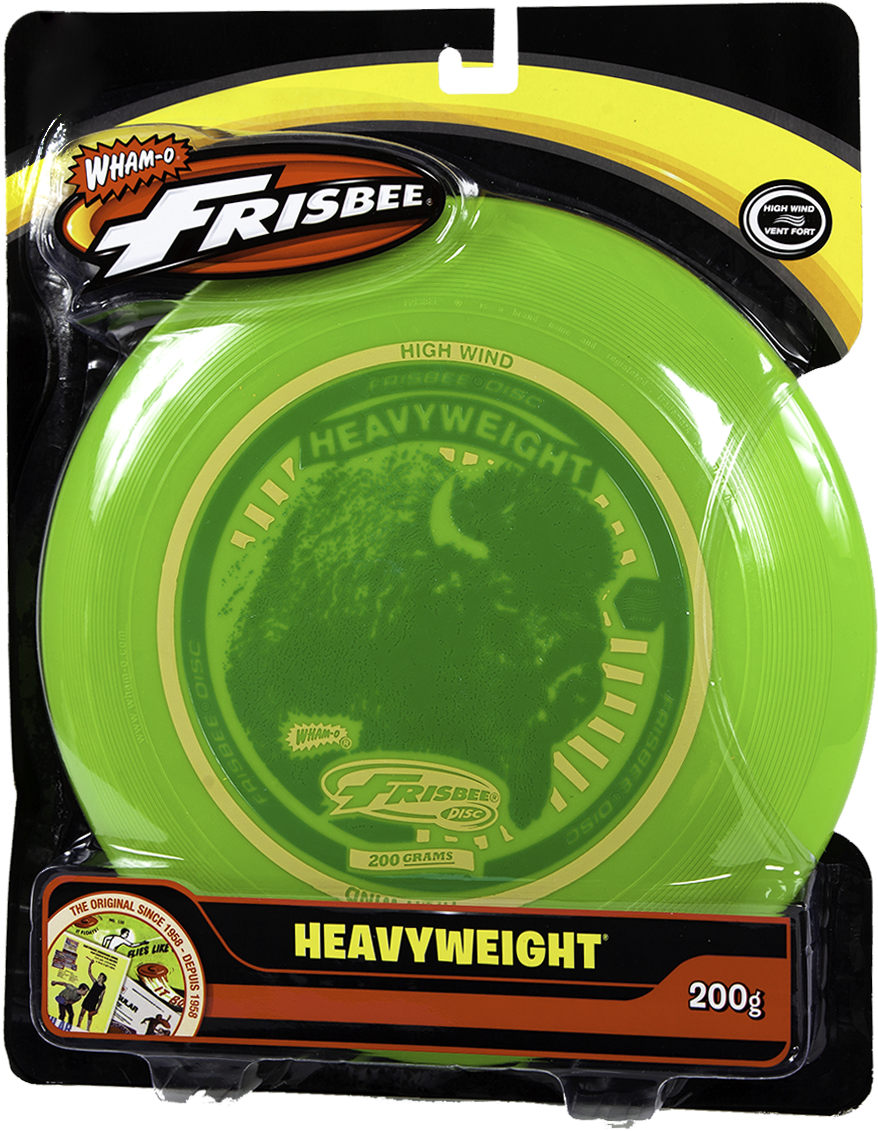 綠色重型飛盤包裝 壁紙 — 一個亮綠色的Wham-O Frisbee Heavyweight飛盤，連同原裝包裝，帶有醒目的品牌標誌和重量細節。