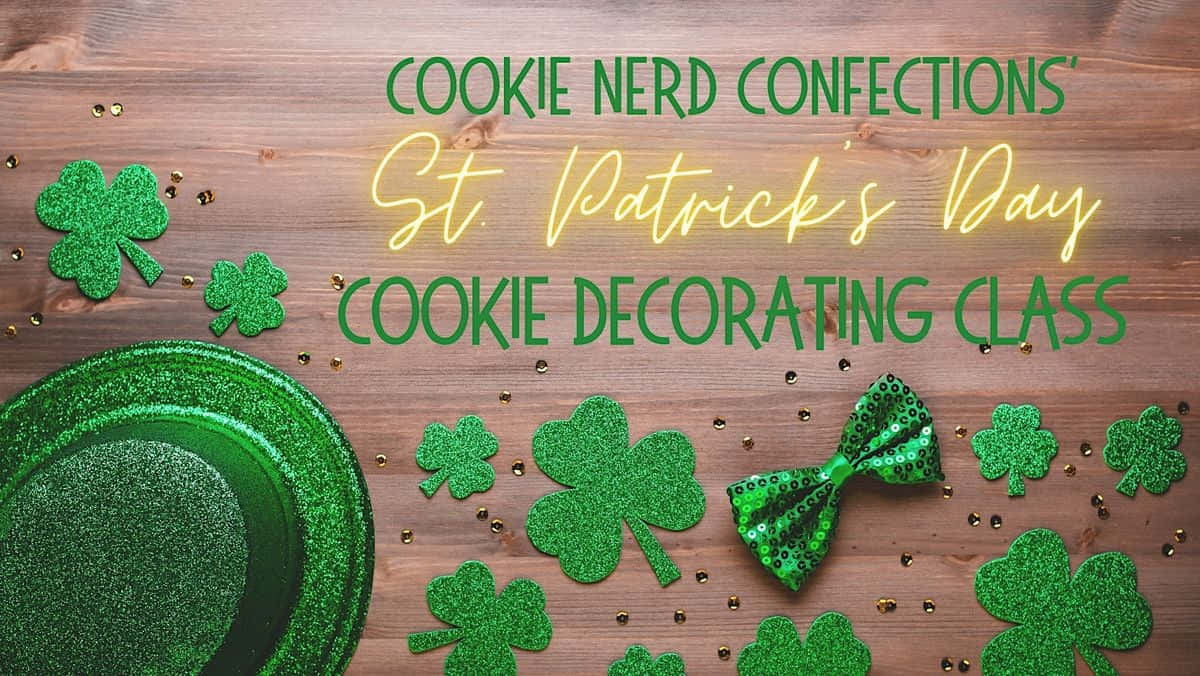 St Patrick's Day 桌布 壁紙 — 綠色閃粉三葉草和蝴蝶結裝飾著木桌，用於聖派翠克節曲奇裝飾班。