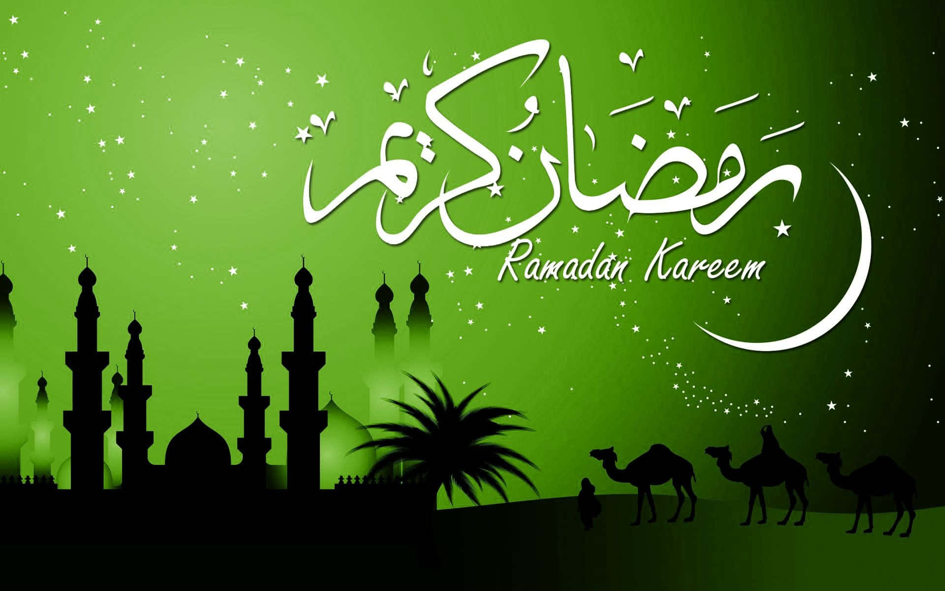 綠色背景上帶有清真寺、駱駝和星星的 Ramadan Kareem 問候