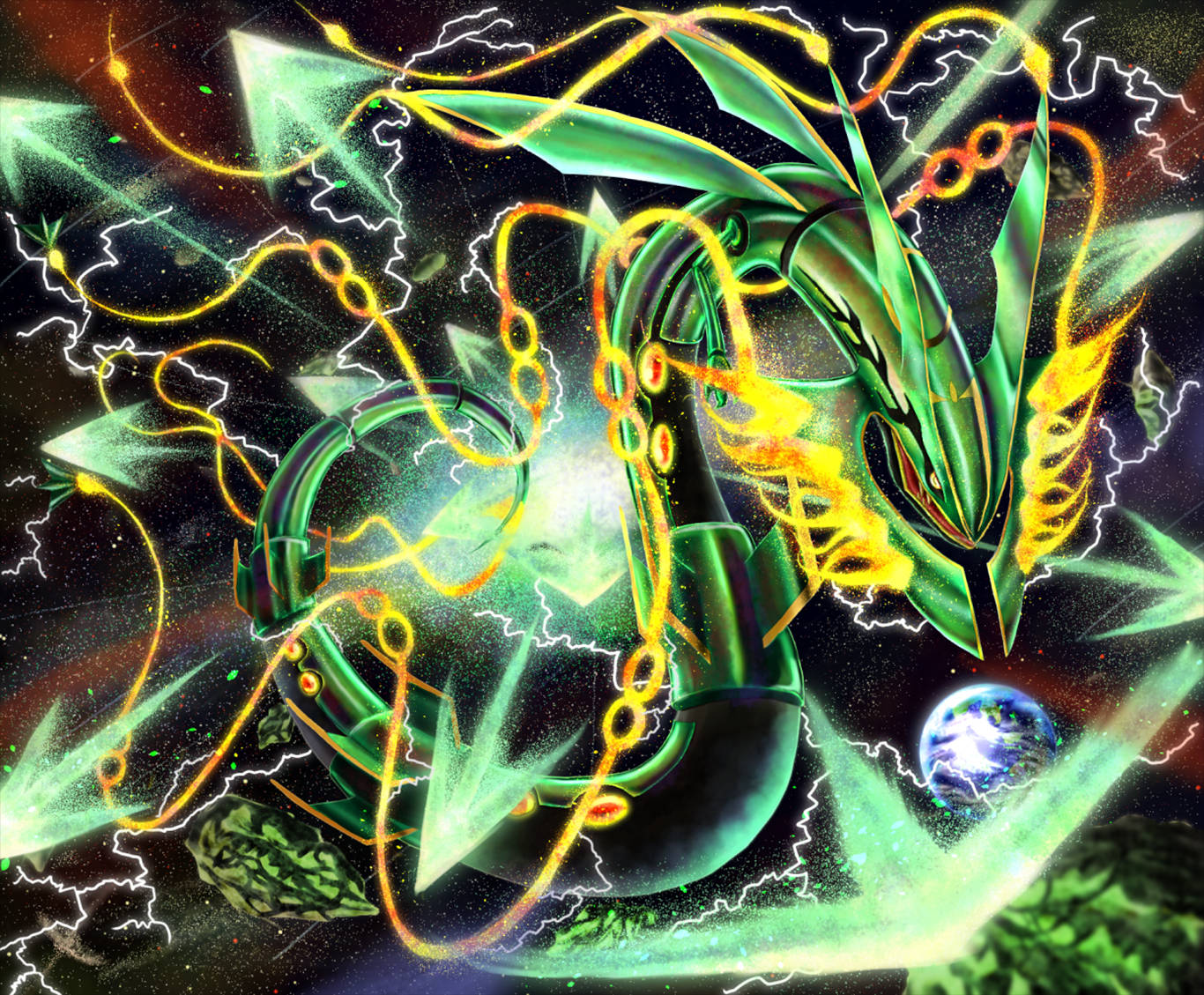 一條綠色龍，帶有金色鎖鏈和閃電，在行星附近的太空中。