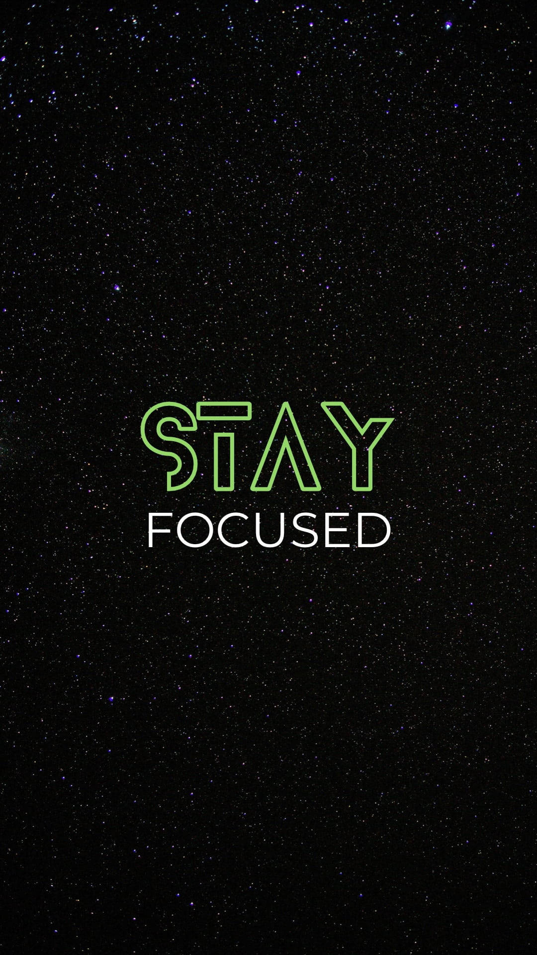 星空夜空，帶有發光的綠色霓虹燈文字寫著 stay focused。 — 綠色動態圖 壁紙
