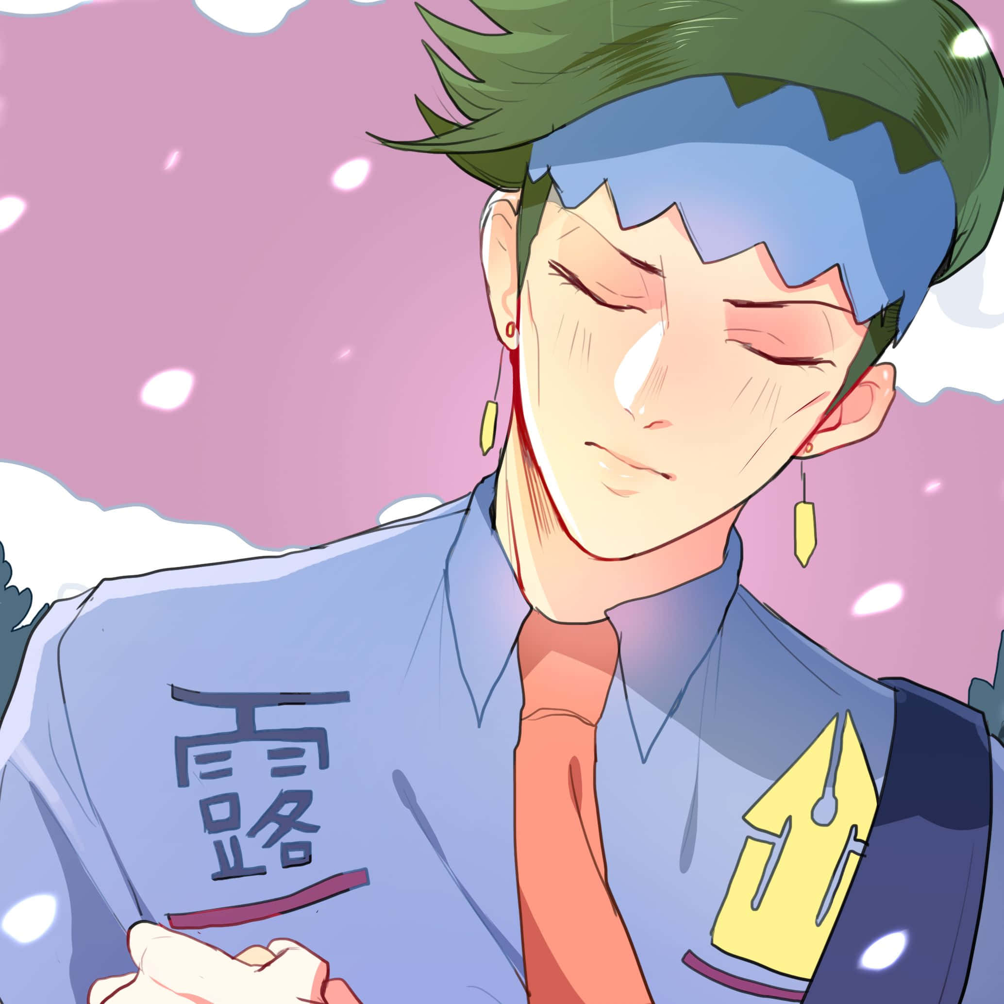 Rohan Kishibe 桌布 壁紙 — 綠色頭髮、藍色頭帶的動漫角色在花瓣飄落的粉紅色天空下平靜地微笑。