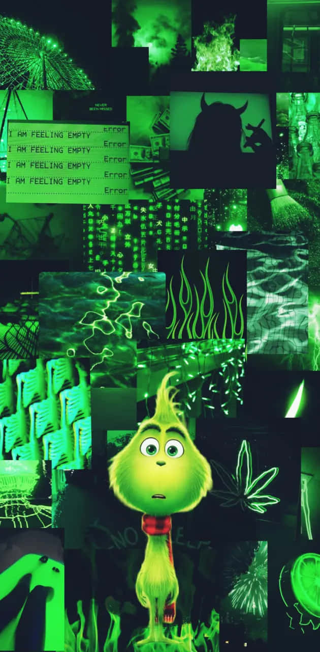 綠色風格的格林奇拼貼畫 壁紙 — 一幅綠色調的拼貼畫，主角是聖誕怪傑，周圍環繞著故障文字和詭異的霓虹影像。