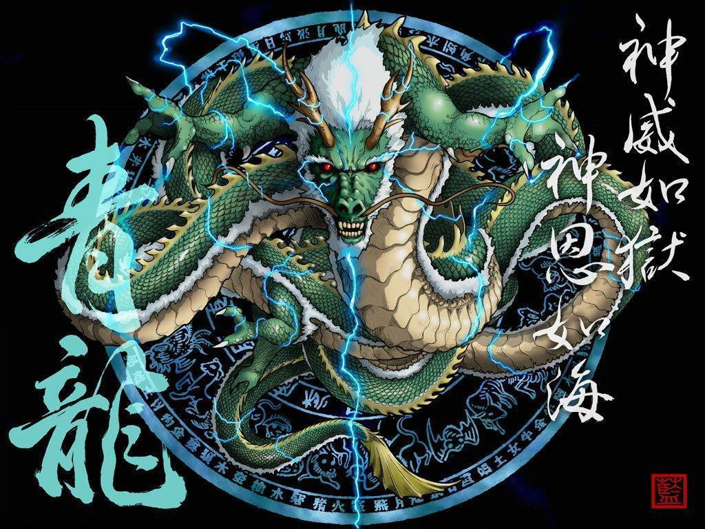 綠色鱗片日本龍 壁紙 — 一頭兇猛的綠色龍，白色鬃毛和紅色眼睛，纏繞在一個神秘的圓形印章上，黑色背景上閃爍著藍色閃電。