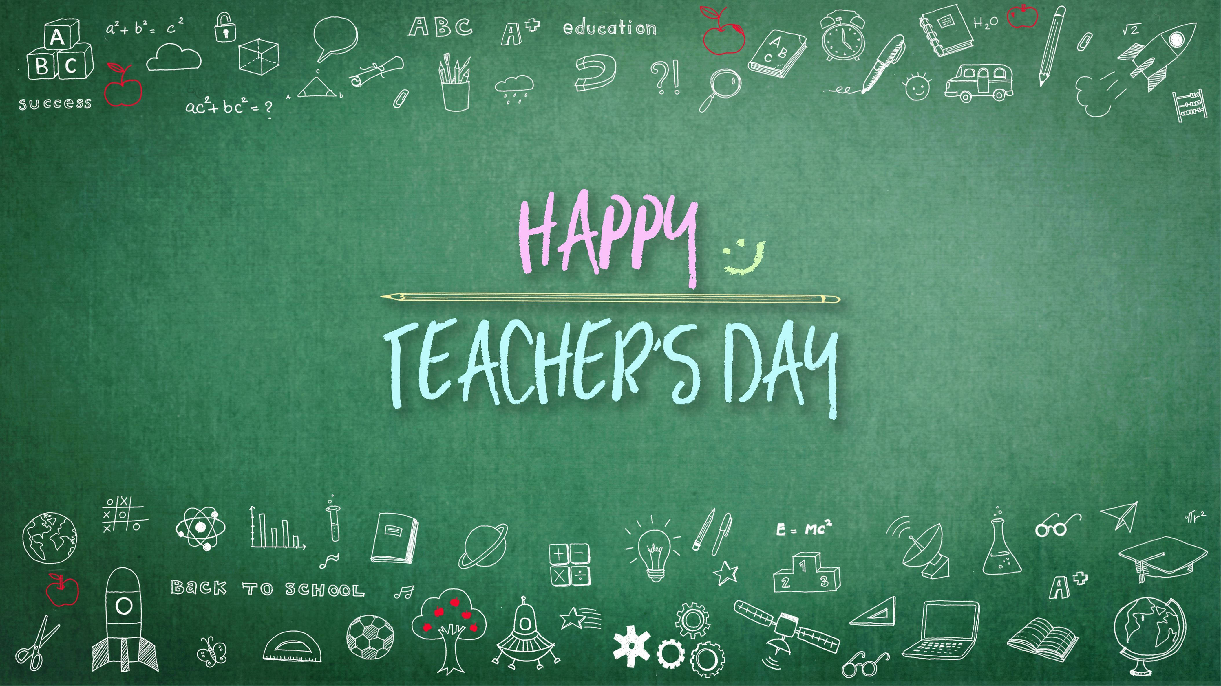 Happy Teachers Day 桌布 壁紙 — 綠色黑板用彩色粉筆顯示「教師節快樂」，周圍有教育相關的塗鴉。