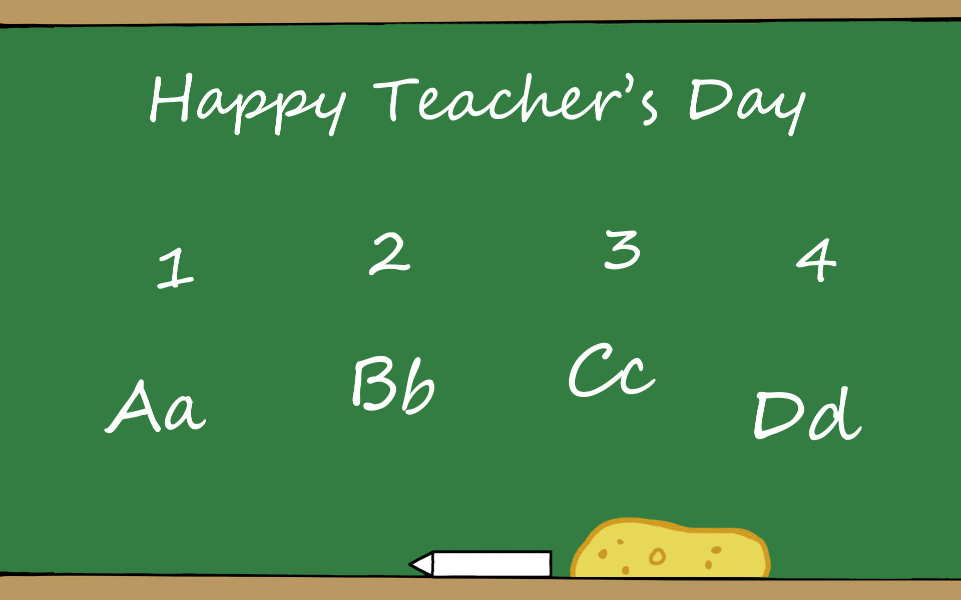 字母 桌布 壁紙 — 綠色黑板顯示「Happy Teacher's Day」，配有數字和字母對，下方有粉筆和擦膠。