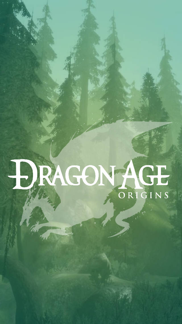 Dragon Age Origins 遊戲標誌，在霧林中有龍形剪影。