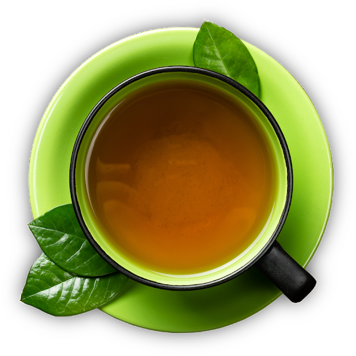 綠茶薄荷杯頂視圖 壁紙 — 俯視角度拍攝，一個黑邊杯子盛著琥珀色茶，放在亮綠色茶碟上，配上新鮮綠葉，背景為純黑色。