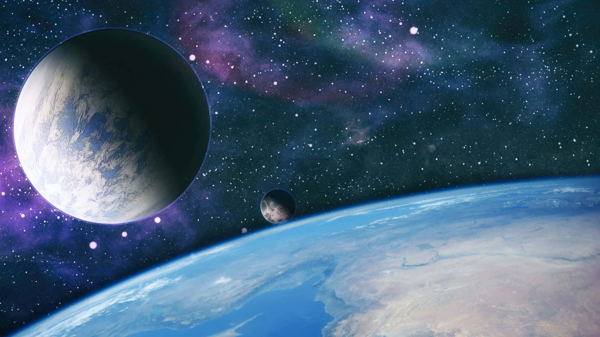 兩顆行星在充滿恆星的星系中運行，周圍是色彩繽紛的星雲。