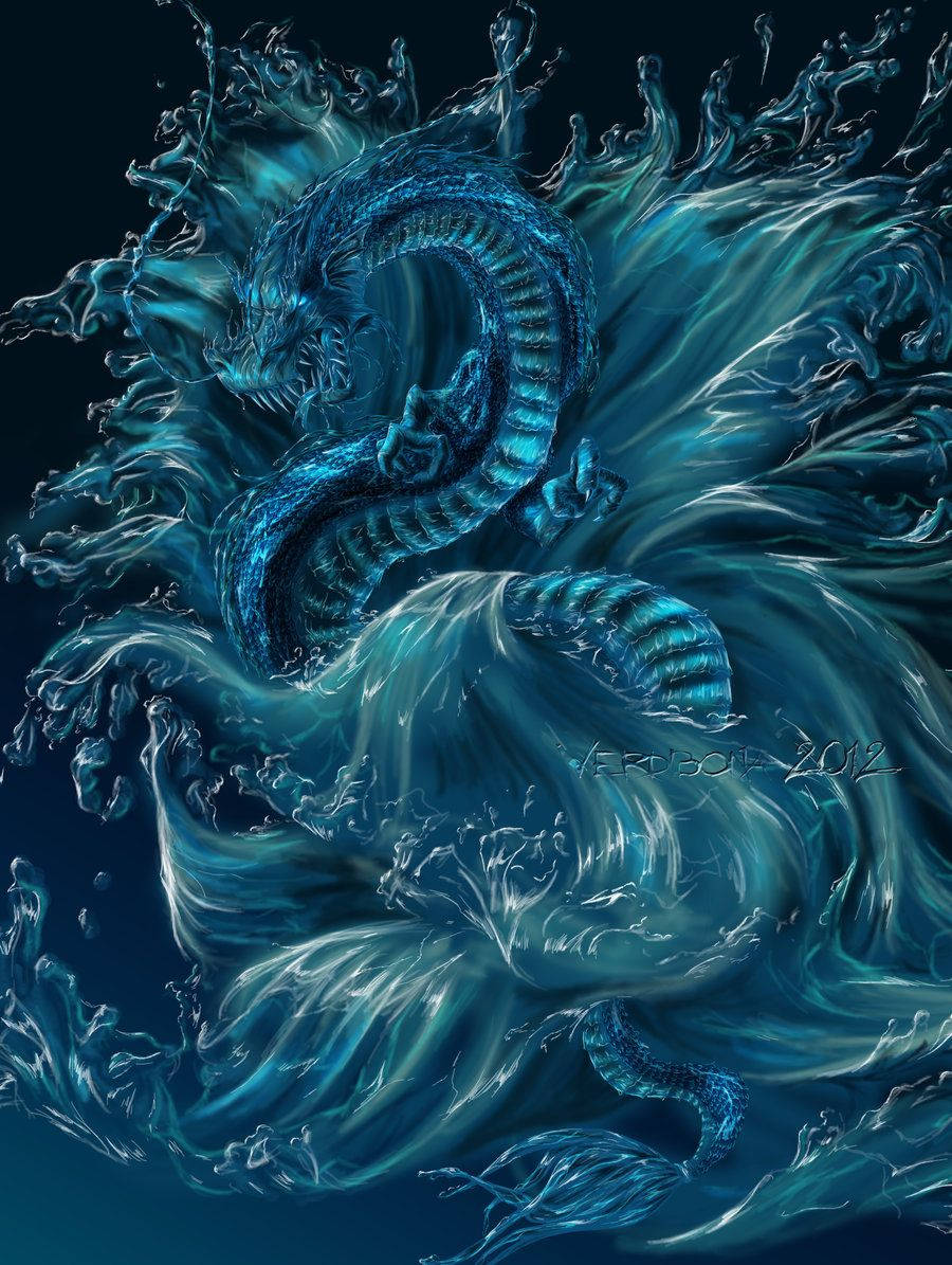 在數位插圖中，一條藍龍從海浪中升起。