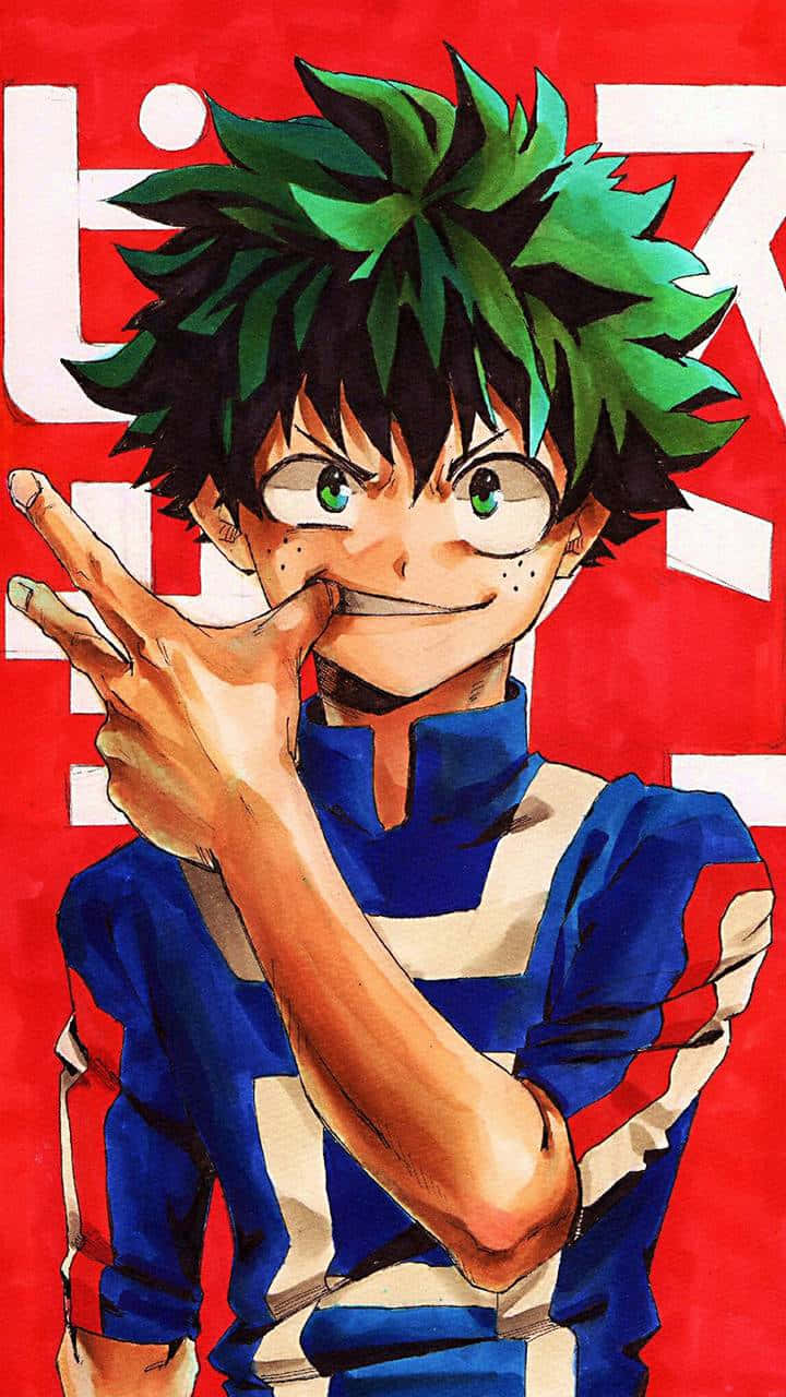 綠谷出久（Deku）準備拯救世界！《我的英雄學院》 壁紙 — 一個充滿活力的動漫角色，擁有尖刺的綠色頭髮和眼鏡，在帶有白色日文字樣的鮮紅色背景前做出和平手勢。