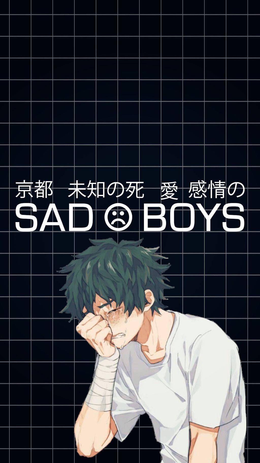 綠谷出久動漫男孩傷感美學 壁紙 — 一個悲傷的動畫男孩，綠色頭髮，在帶有日文字和「SAD BOYS」標題的深色網格背景上，用手捂著臉哭泣。