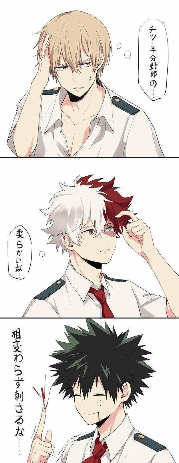 綠谷漫畫條幅藝術 壁紙 — 三個穿著校服的動畫男孩，有著不同的髮色和表情，各自在沮喪或沉思的時刻抱著頭。