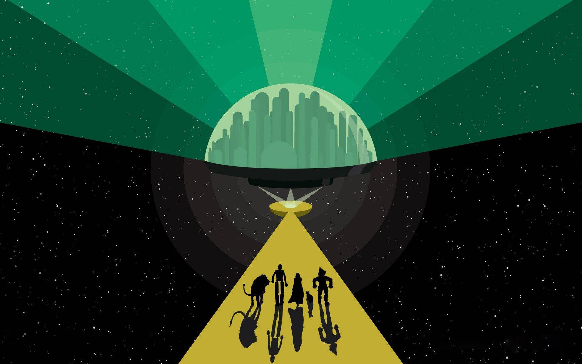 五個剪影人物走向一道光束，通往一個漂浮在太空中的外星城市。
