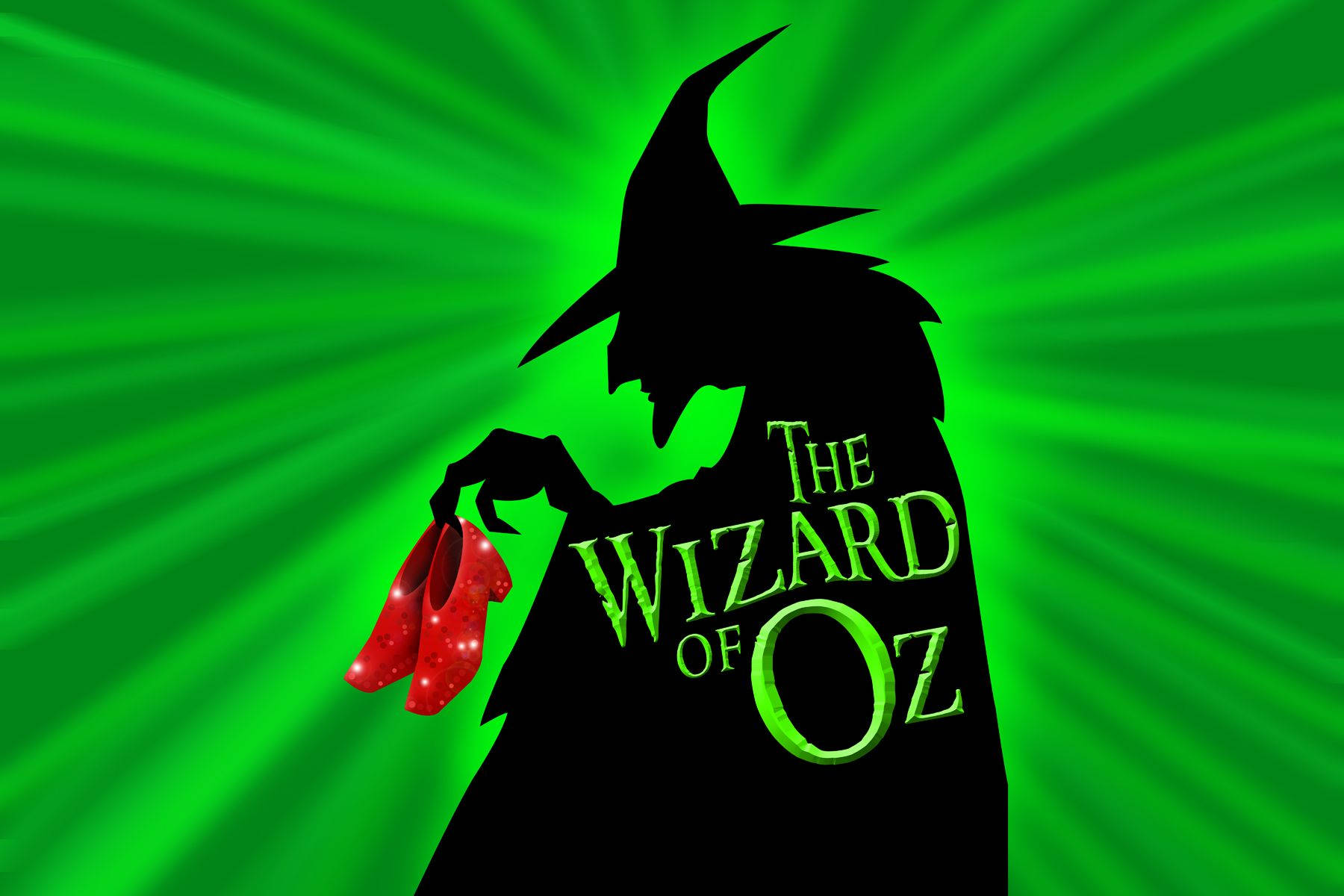 女巫剪影手持紅寶石拖鞋，綠色背景上寫有「The Wizard of Oz」文字。