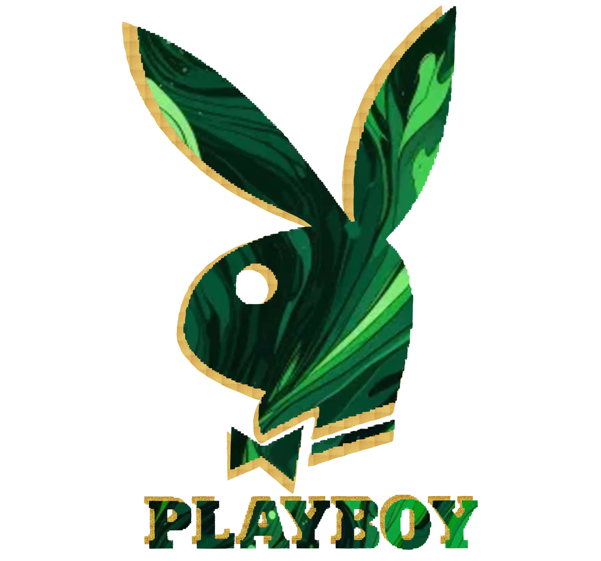 綠金兔 壁紙 — 白色背景上帶有綠色大理石紋理和金色邊框的Playboy標誌。