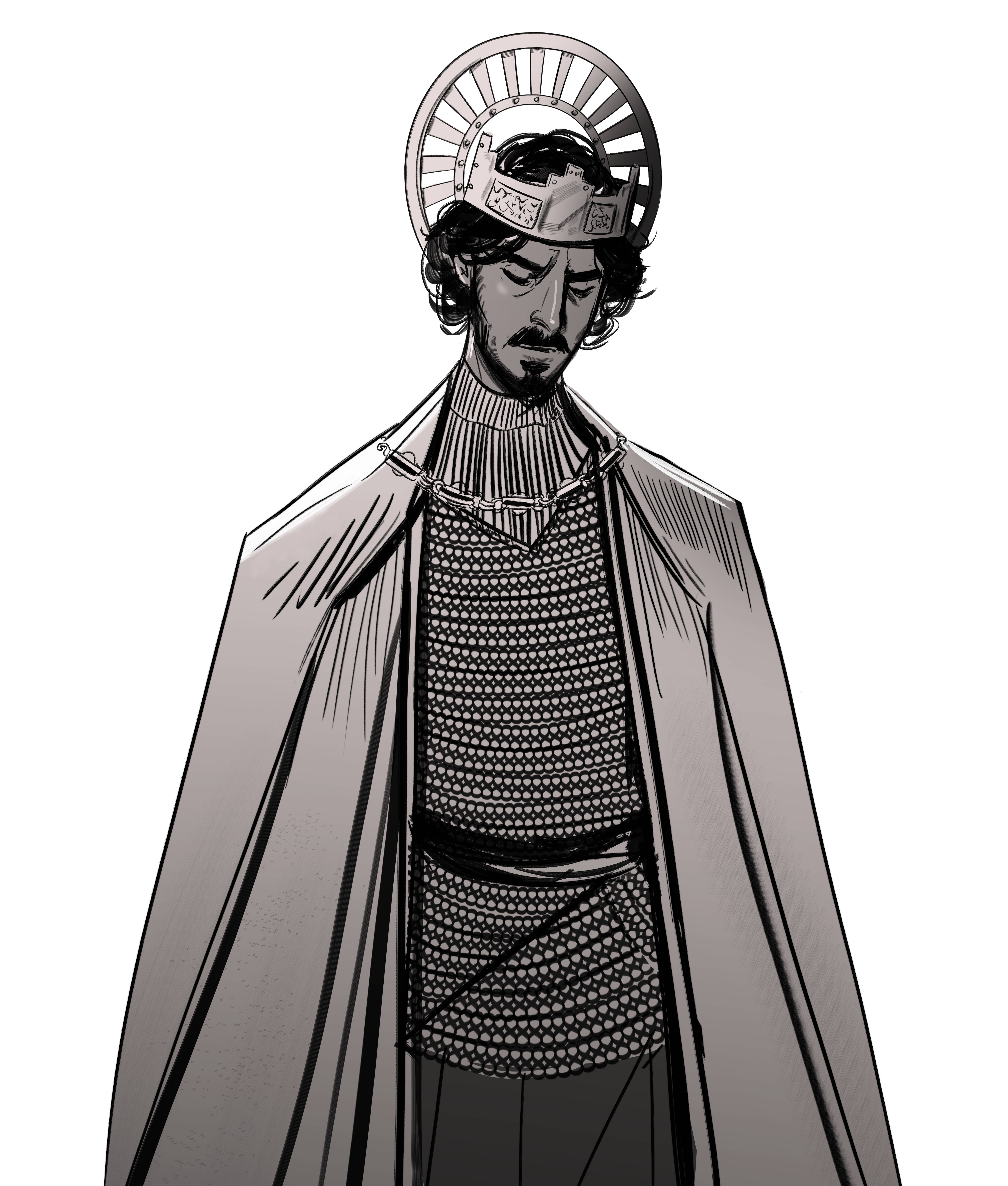 《綠騎士》數位繪畫藝術 壁紙 — 一位身穿鎖子甲和斗篷的莊嚴騎士戴著光芒四射的光環王冠，以鮮明的單色線條藝術呈現。