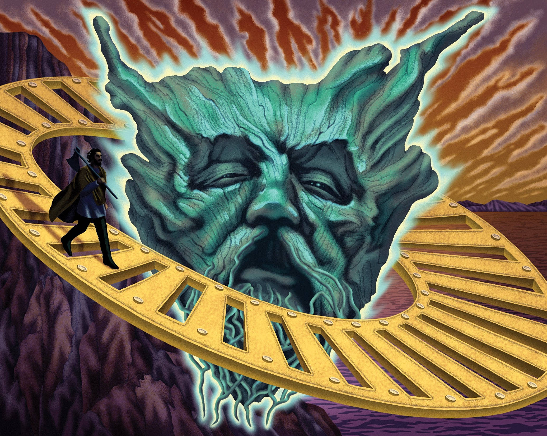 綠騎士獨特粉絲藝術 壁紙 — 一個孤獨的戰士走在一條金色的橋上，跨越一個巨大的發光綠色樹靈面孔，處於超現實的幻想景觀中。