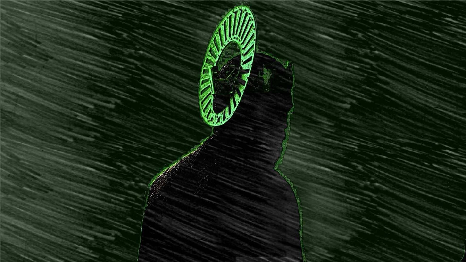 綠騎士素描藝術 壁紙 — 一個黑暗的剪影，頭部是一個發光的綠色鐘面，站在暴風雨的綠色背景前。