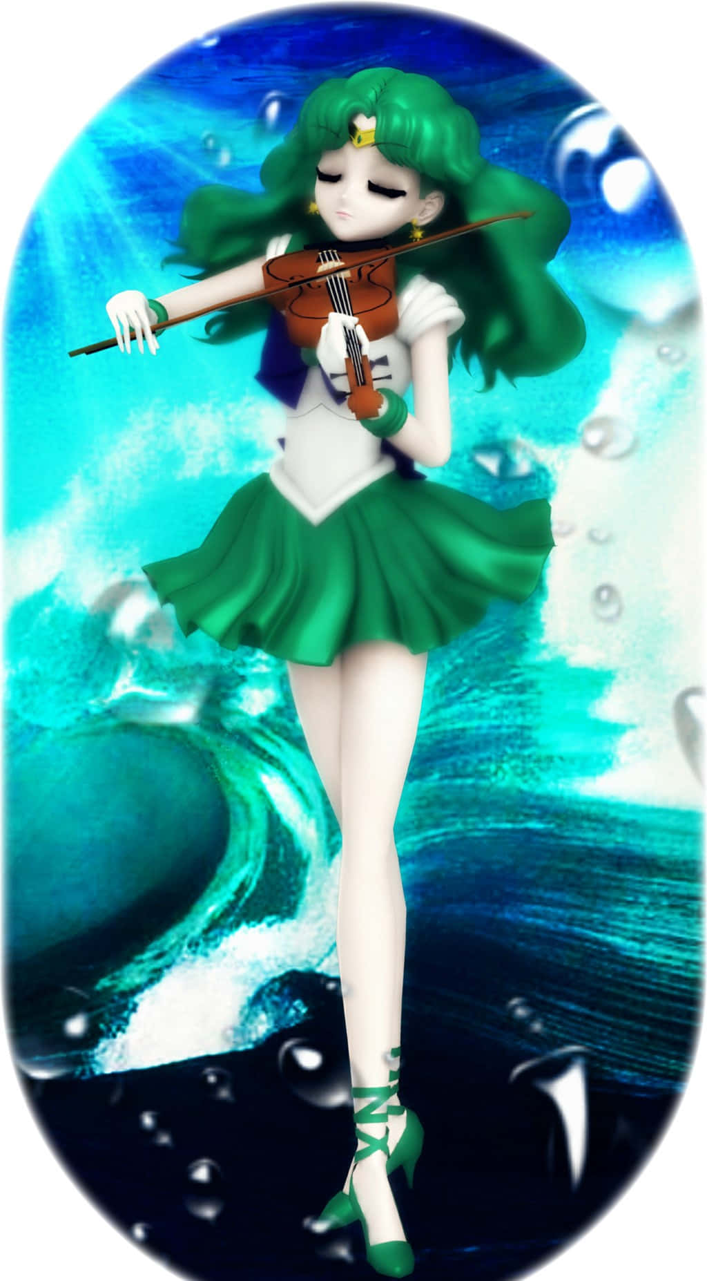 sailor neptune 桌布 壁紙 — 綠髮動漫女孩在漩渦般的藍色波浪和漂浮的氣泡中水下演奏小提琴。