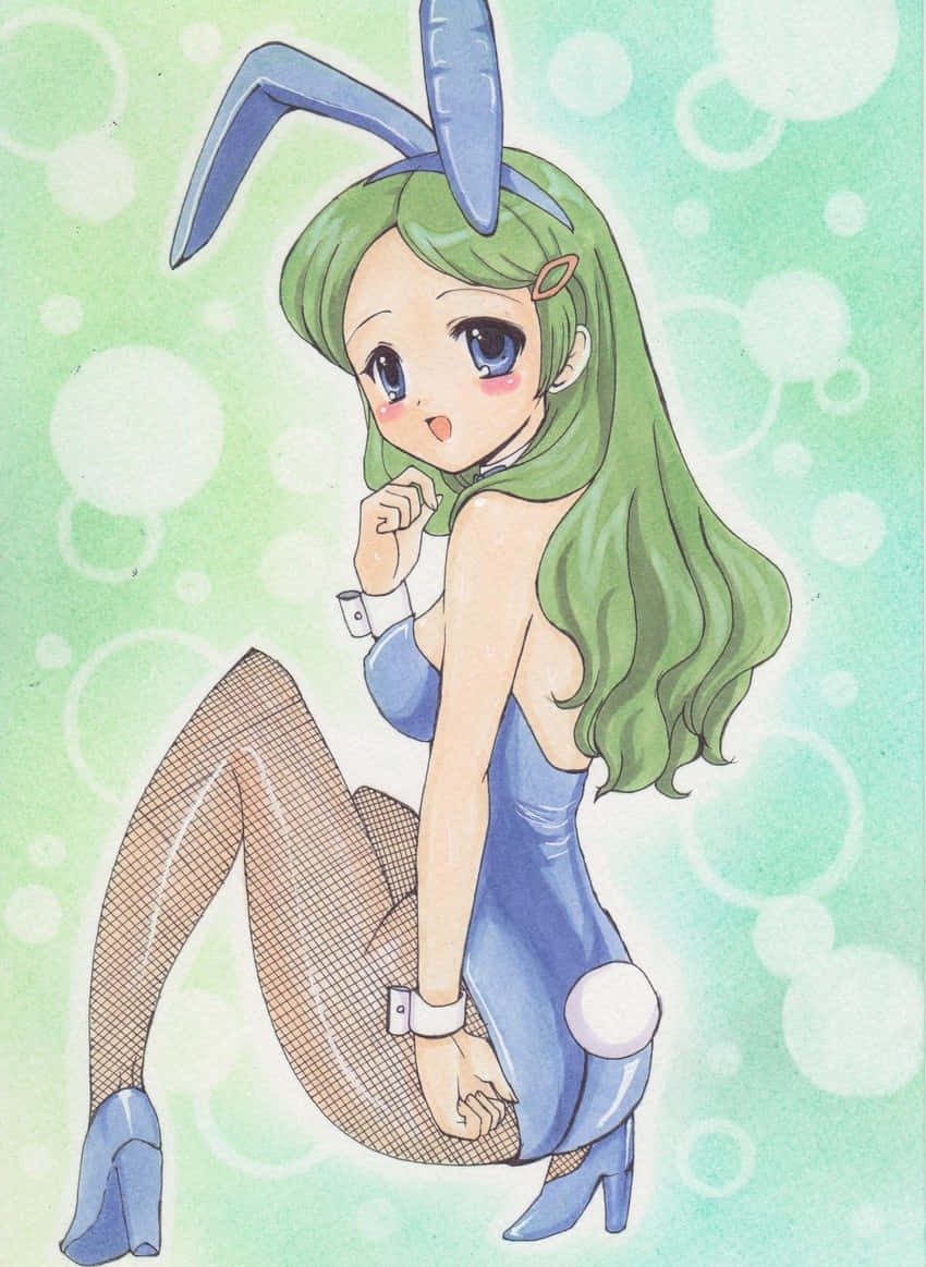 Emiri Kimidori 桌布 壁紙 — 綠髮動漫女孩穿著藍色兔女郎裝，在泡泡背景前擺姿勢。