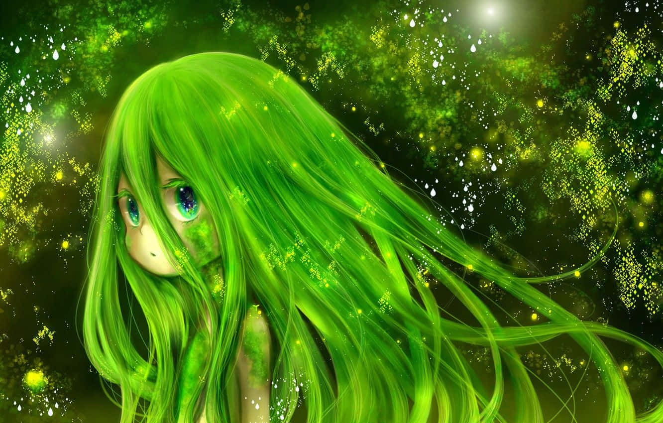 長著綠色長髮和發光眼睛的動漫女孩在魔法綠色森林中。