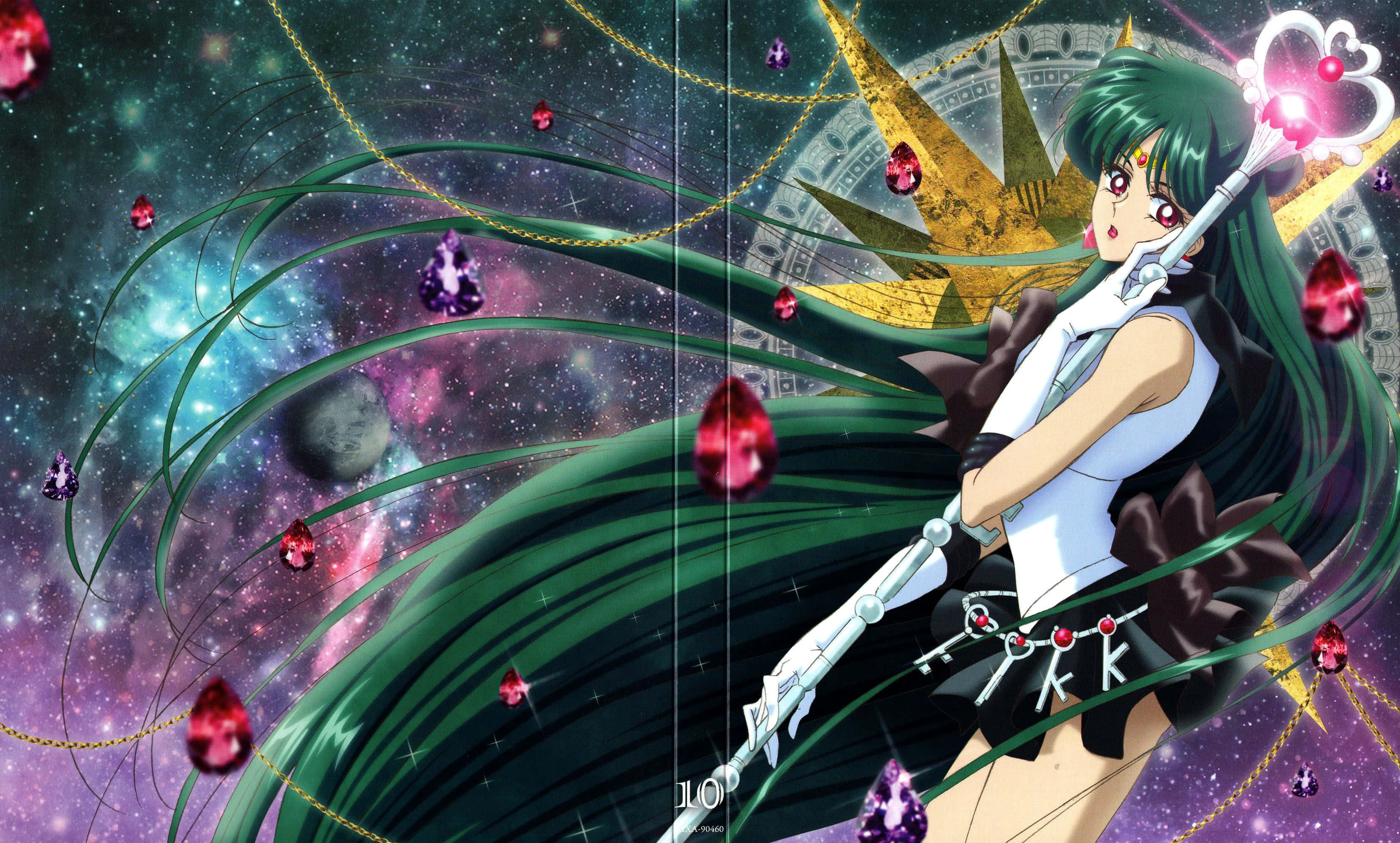 Sailor Pluto 桌布 壁紙 — 綠髮動漫戰士在星空和漂浮寶石的宇宙背景下揮舞著發光法杖。