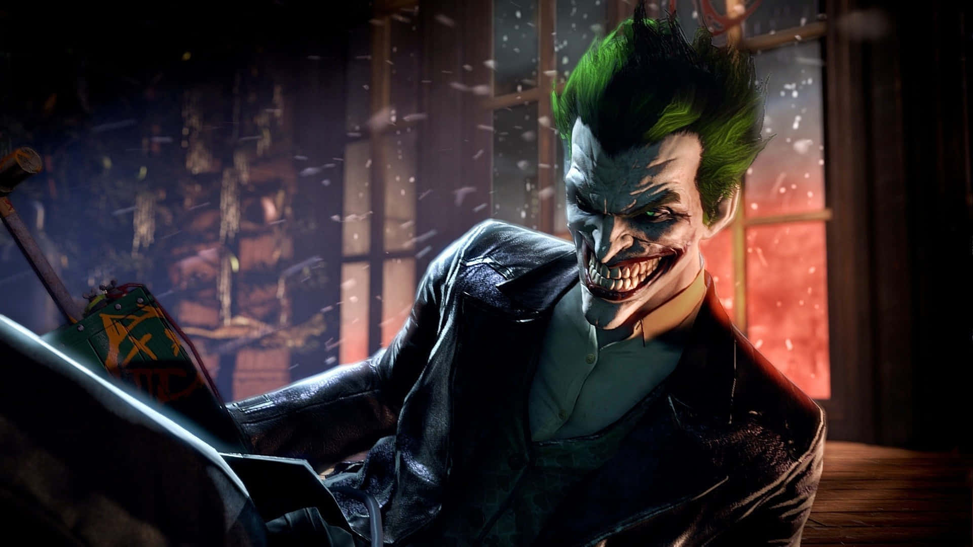 Evil Joker 桌布 壁紙 — 綠髮白臉的小丑在昏暗的房間裏，窗外飄着雪，露出猙獰的笑容。