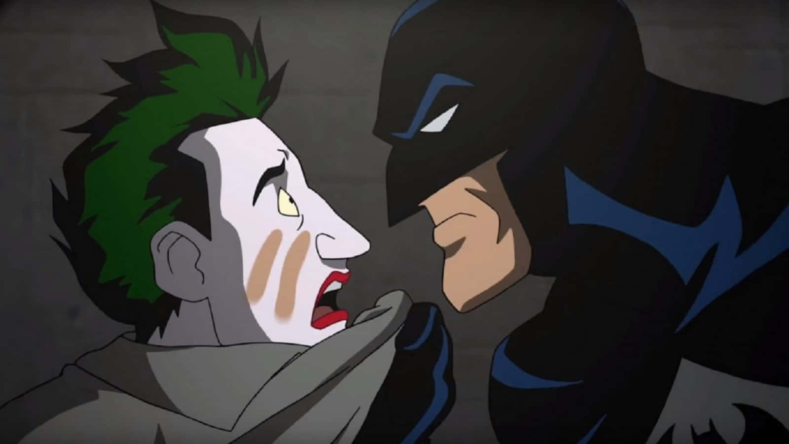 The Killing Joke 桌布 壁紙 — 綠髮白臉的小丑在緊張的特寫動畫場景中與蝙蝠俠對峙。