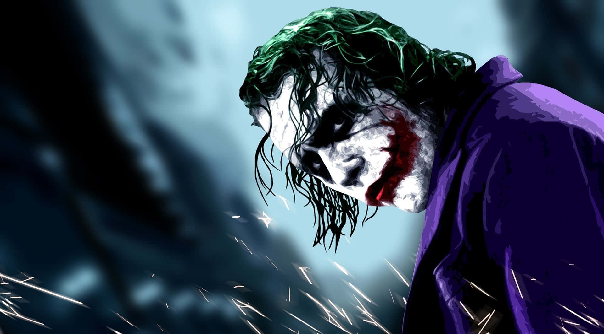 Dark Joker 桌布 壁紙 — 綠髮紫袍的小丑在黑暗風暴背景下，於飛舞的火花中俯視。