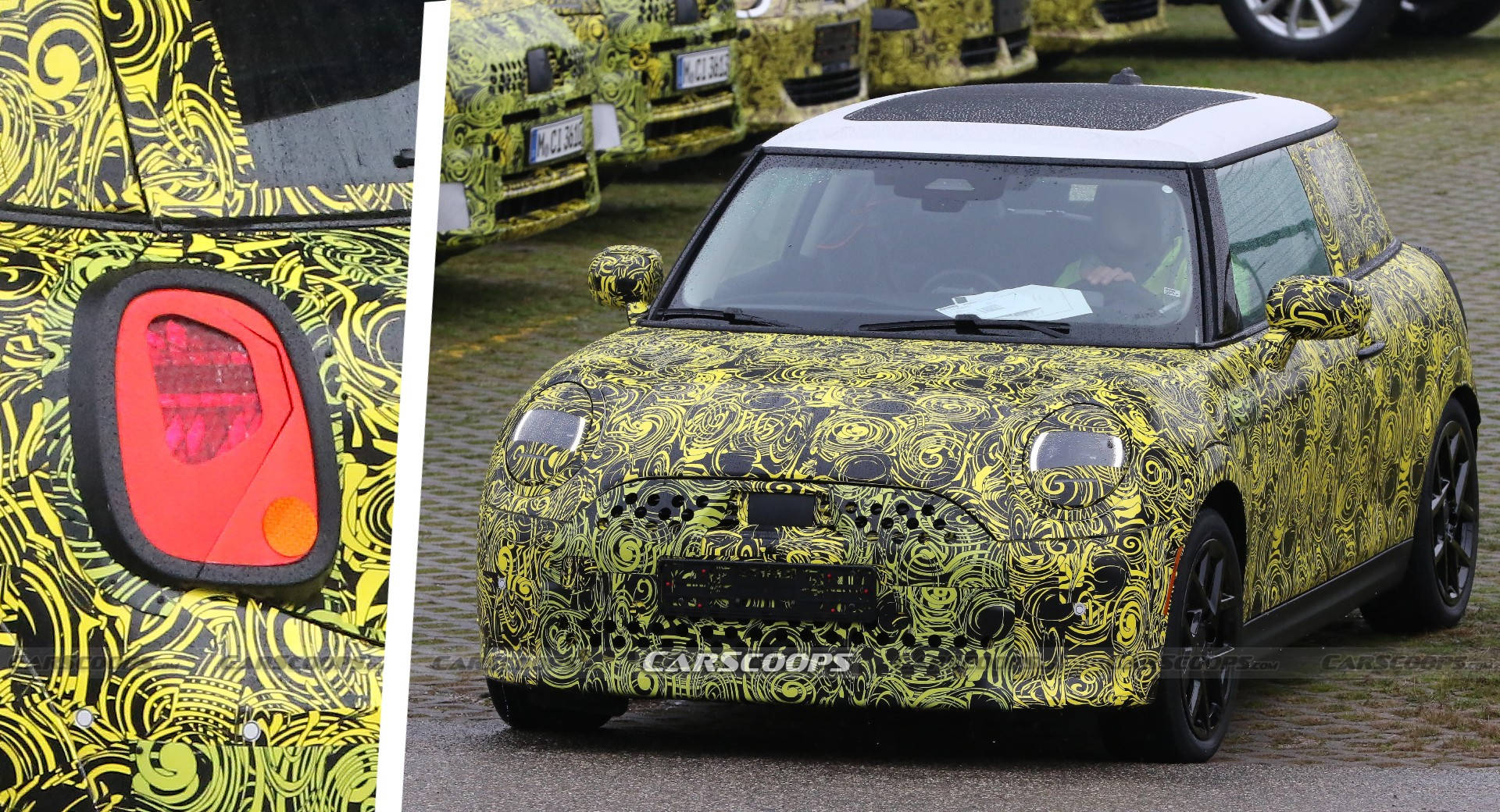 綠黑藝術塗裝迷你酷跑 壁紙 — 一輛偽裝的Mini Cooper原型車，帶有醒目的黃色漩渦圖案和紅色尾燈細節，停在潮濕的鵝卵石地上。