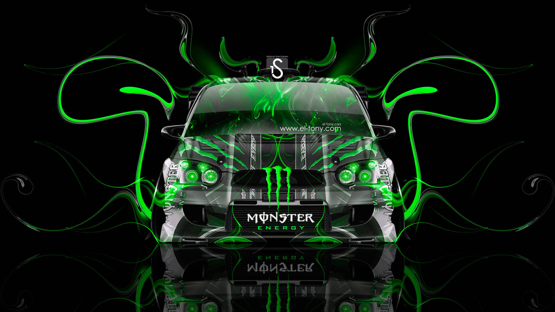 綠黑配色Monster Energy賽車 壁紙 — 一輛黑色Monster Energy賽車，帶有發光的綠色點綴和旋轉的霓虹線條，在深色反光表面上。