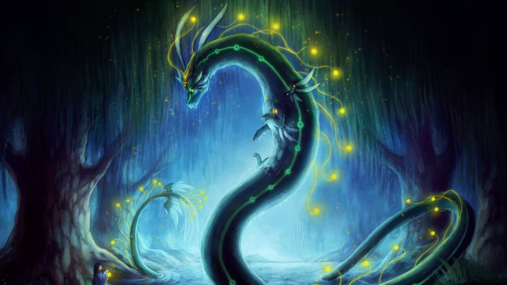 綠龍出沒沼澤 壁紙 — 一條發光的藍色龍，帶有黃色燈光，蜿蜒穿過一個閃爍著生物發光魔法的神秘森林。