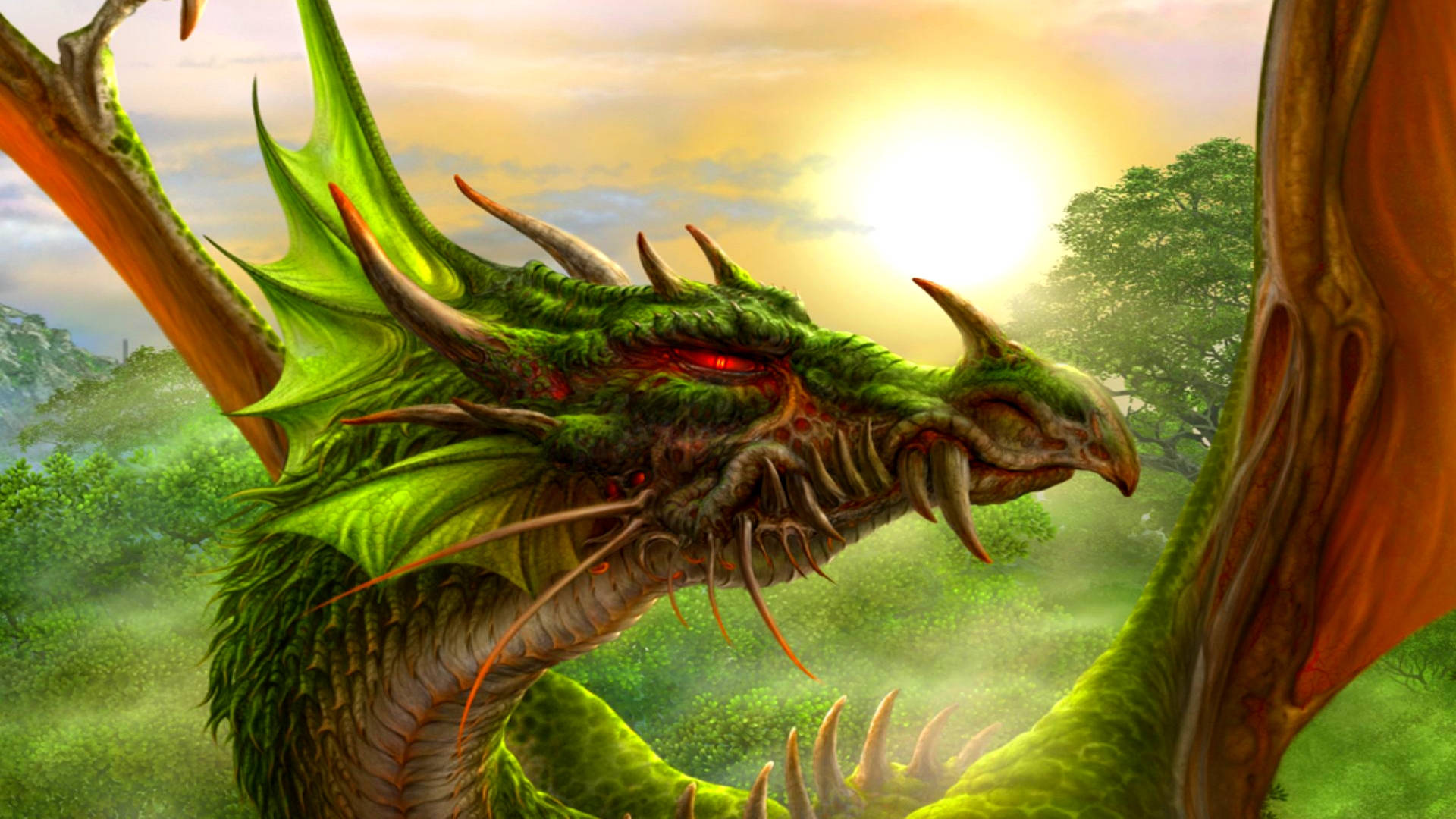 綠龍夕照森林 壁紙 — 一隻雄偉的綠色巨龍，眼睛發出紅光，棲息在迷霧森林中，背景是金色的日落。
