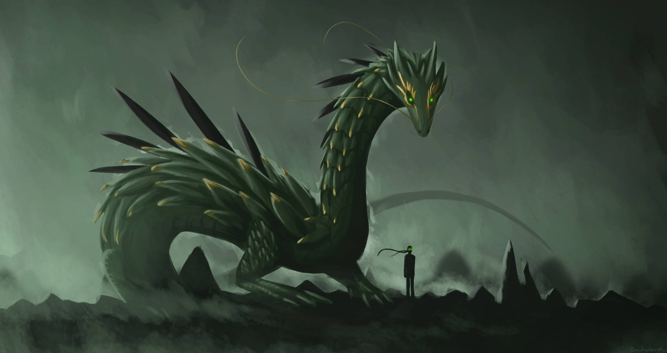 綠龍與人類 壁紙 — 一個孤獨的身影站在一頭擁有發光眼睛的巨大綠色巨龍面前，背景是霧氣瀰漫的山景。