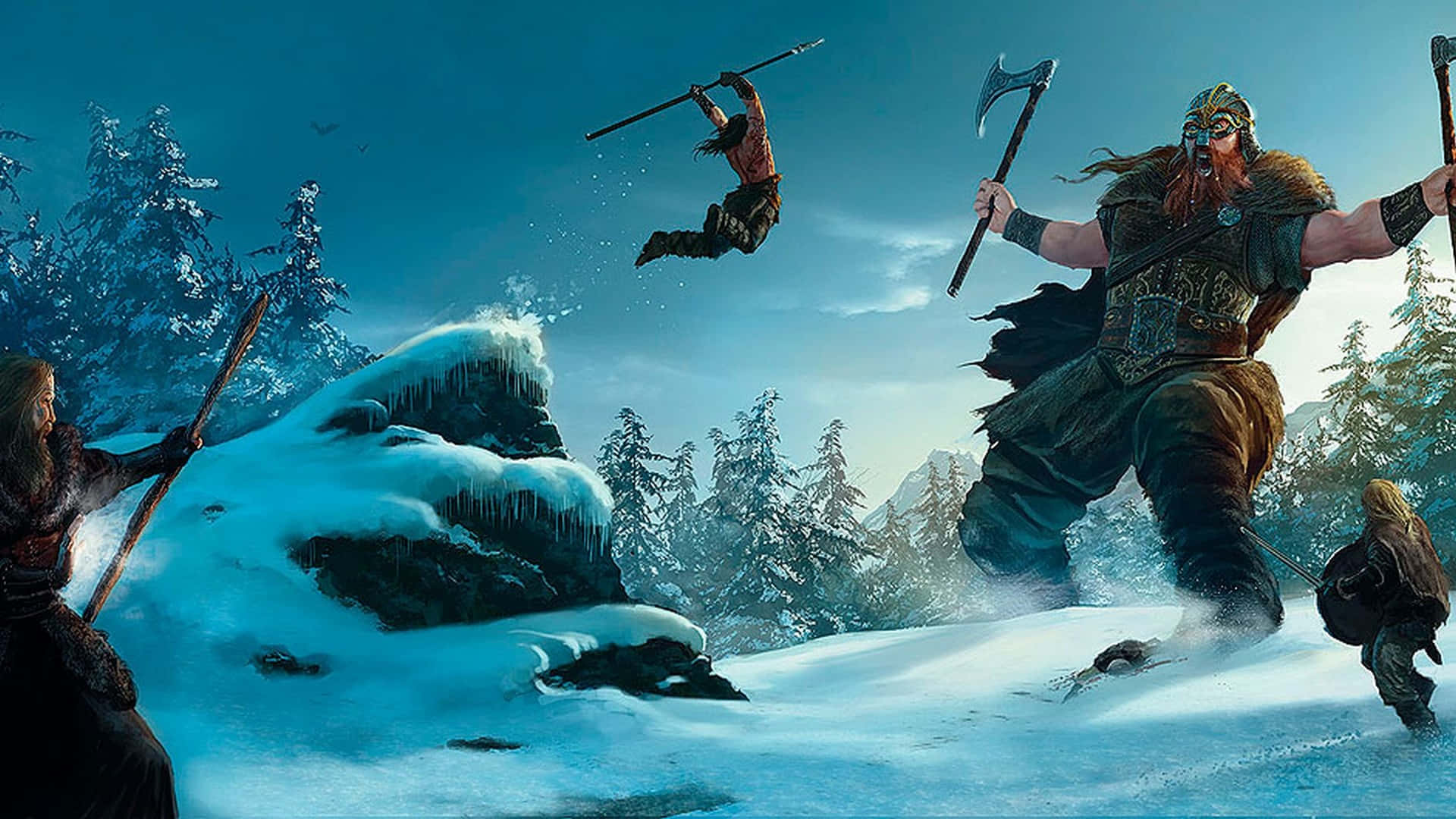 奇幻戰鬥場景，戰士在雪林中跳向巨人。