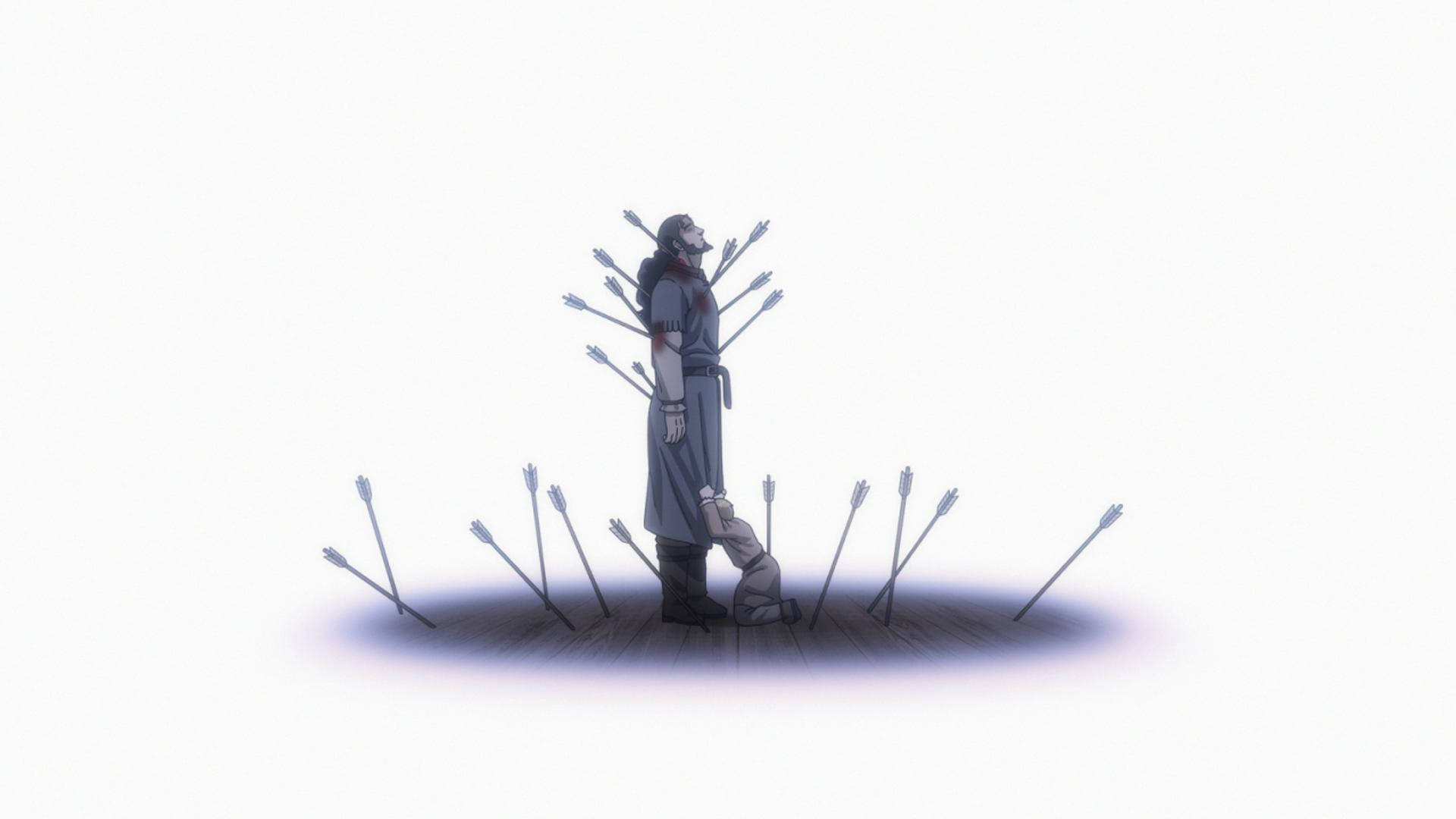 《維京傳奇》戰士冒險之旅 壁紙 — 一位孤獨的動漫弓箭手站在木製平台上，被箭矢包圍，背景為純白色。