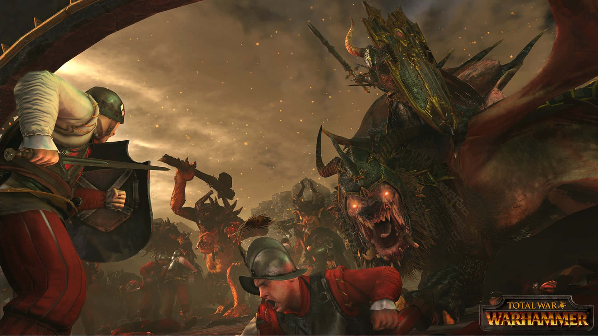 維京戰士 1920x1080 Total War Warhammer 背景 壁紙 — 一場激烈的戰鬥爆發，裝甲戰士與長角的怪物野獸在暴風雨黃昏的天空下激烈交鋒。