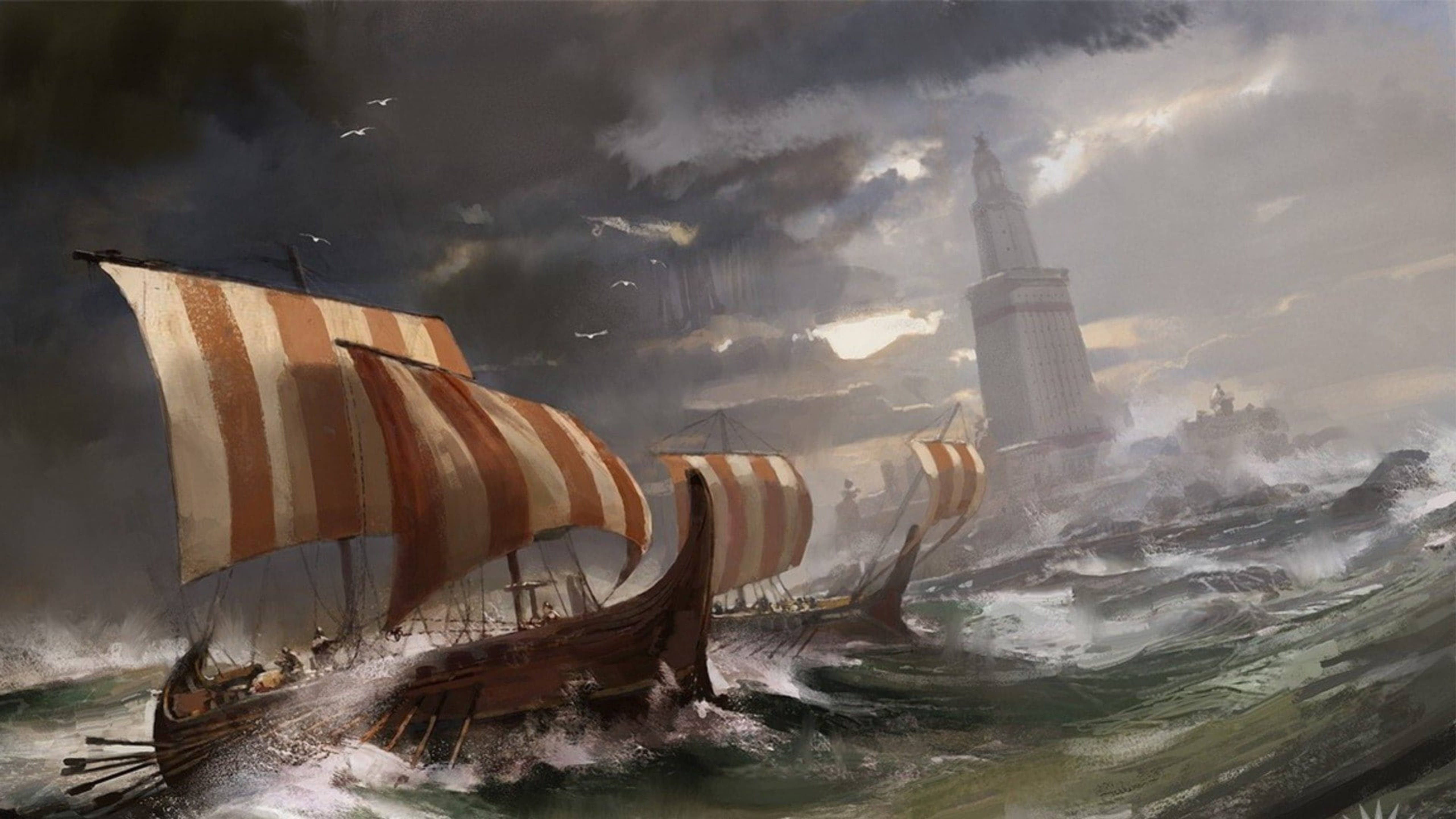 維京船畫作 壁紙 — 維京長船帶著條紋帆，在暴風雨的天空下，向著遠處的石塔與兇猛的海浪搏鬥。