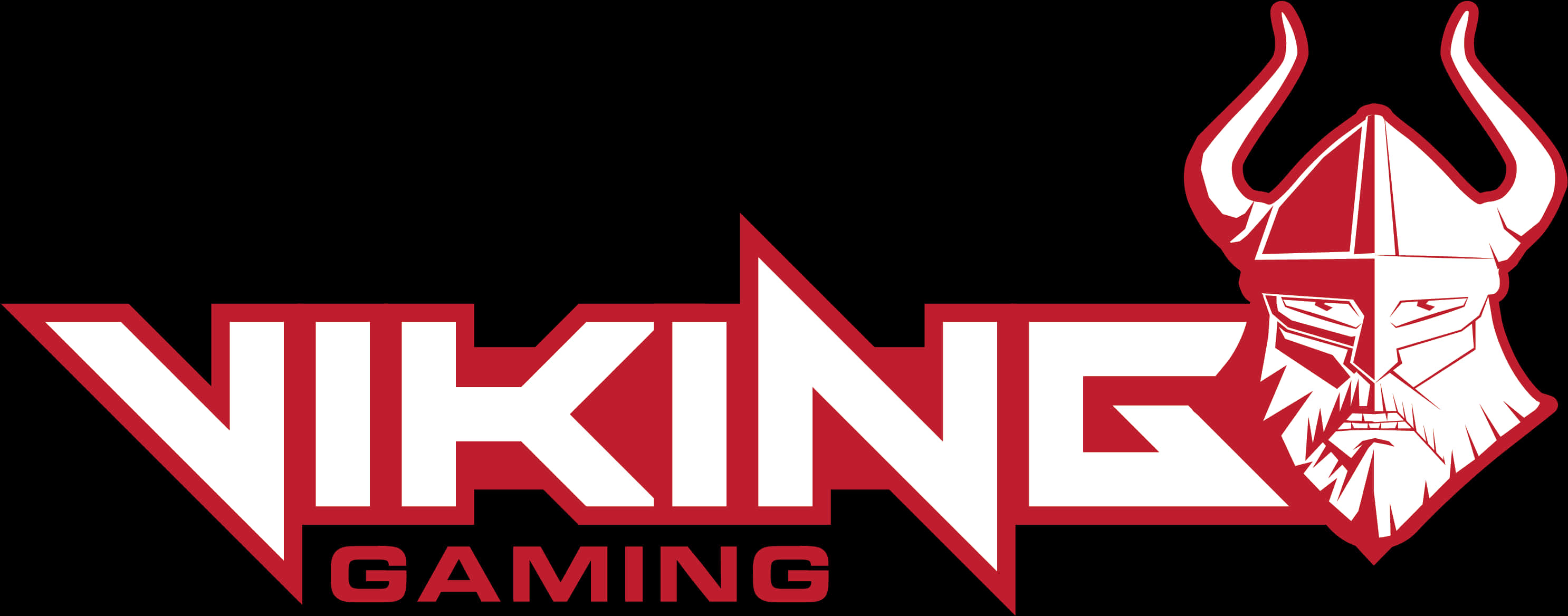 維京遊戲標誌 壁紙 — 在黑色背景上，帶有角頭盔的醒目紅白Viking Gaming標誌。