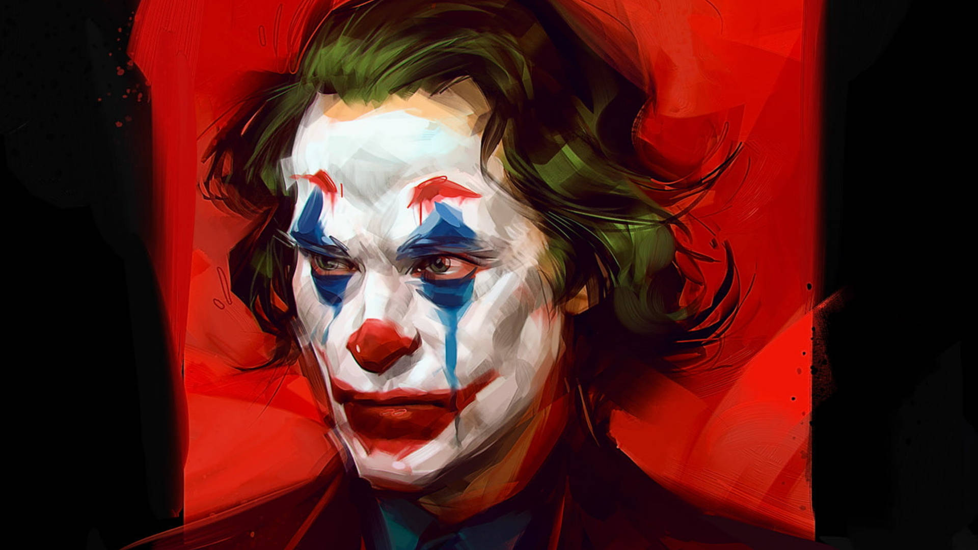 小丑的頭部特寫肖像，臉上塗有顏料，背景為紅色。